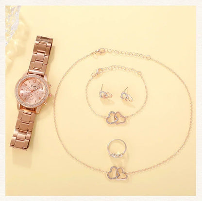 6st set Rose Gold Luxury Watch Dam Ring Halsband Örhänge Strass Mode Armbandsur Casual Dam Armband Klockor