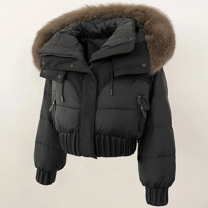 Short Hooded Down Coat with Real Raccoon Fox Fur Collar Warm and Casual