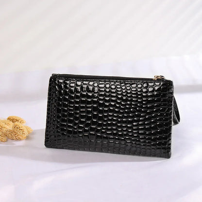 Retro Classic Stone Pattern Leather Clutch - Black Fashion Coin Purse and Mobile Phone Bag with Wrist Strap, Elegant Female Storage Handbag