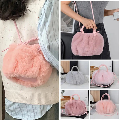 Cute Pumpkin Plush Shoulder Bag - Winter Rabbit Fur Crossbody Tote for Girls