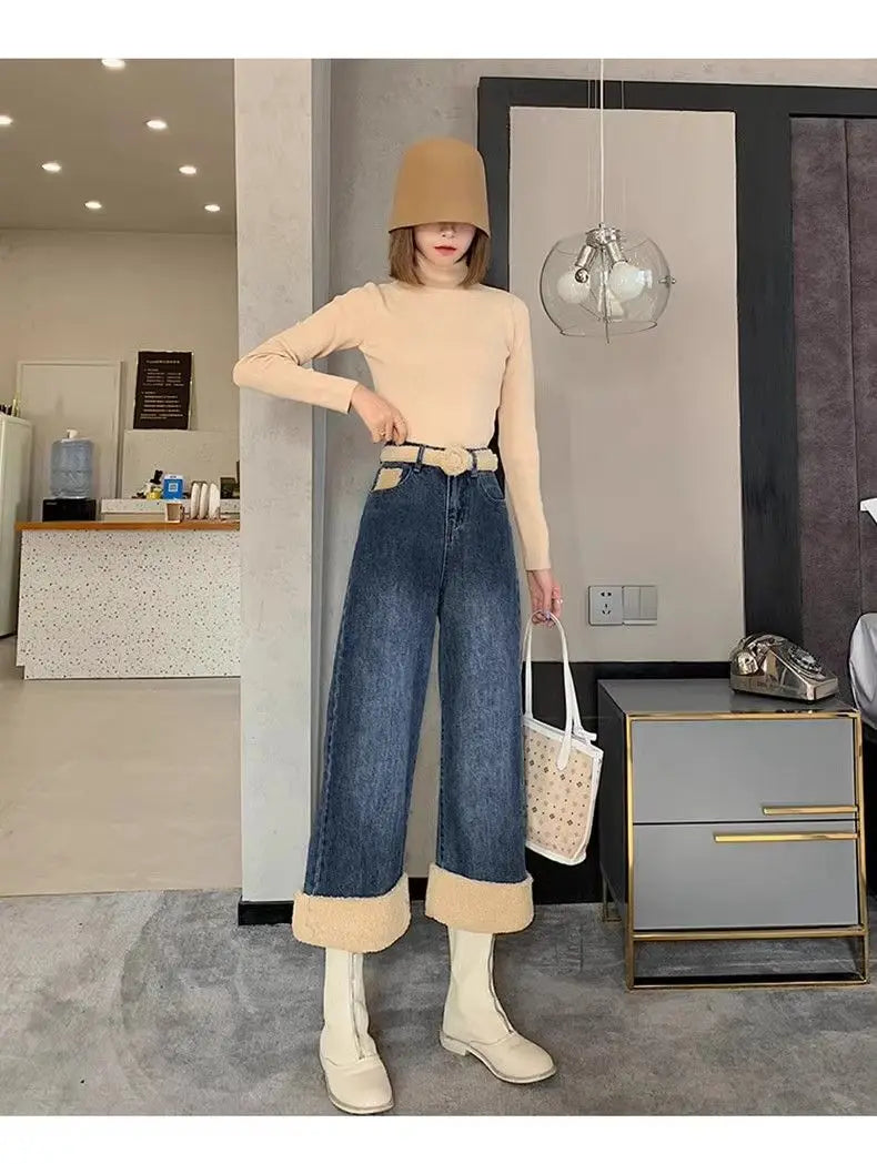 Lamb Wool Wide Leg Jeans for Women Fluffy Autumn and Winter New Styles Internet Famous Outfit Cropped Straight Leg Pants Trendy