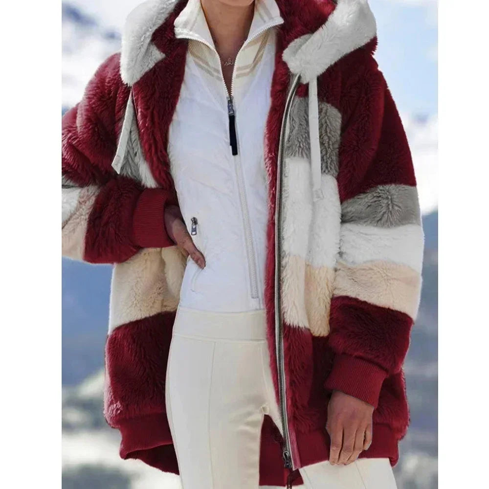 Hooded Zipper Coat with Cashmere and Plaid Stitching Stylish and Warm