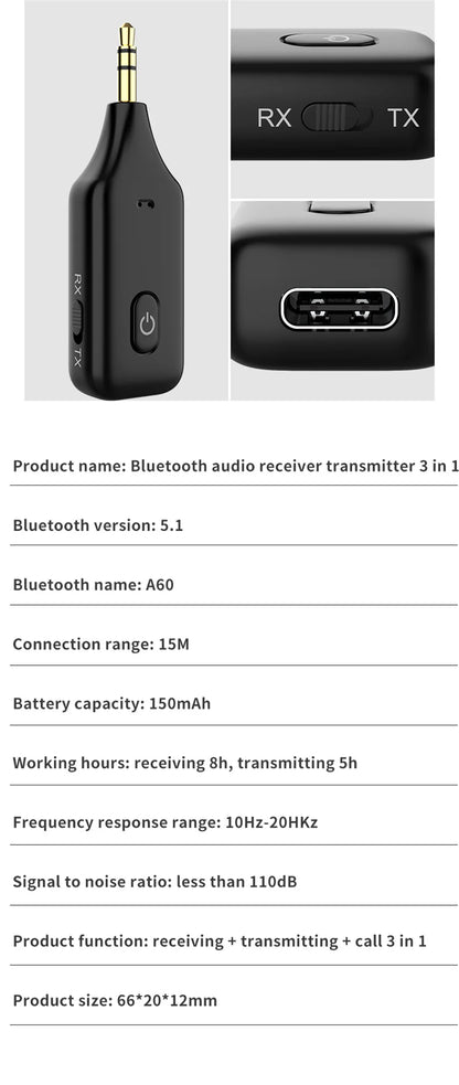 2 IN 1 Bluetooth 5.1 Receiver Transmitter 3.5mm 3.5 AUX Jack Handsfree Call Wireless Audio Adapter for Car Kit PC TV Headphones