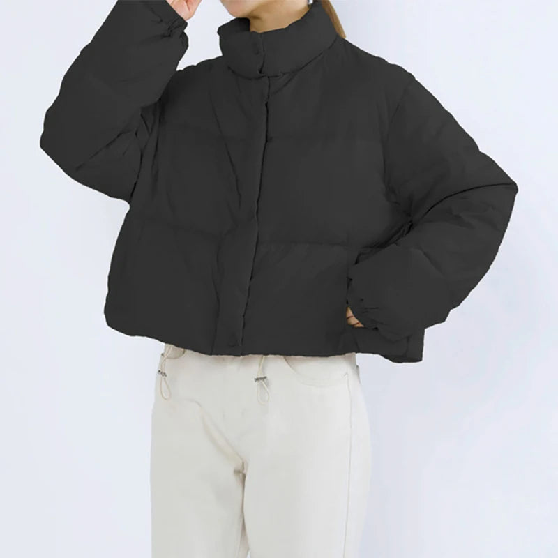 Women's Cotton Padded Jacket with Mock Neck and Pockets