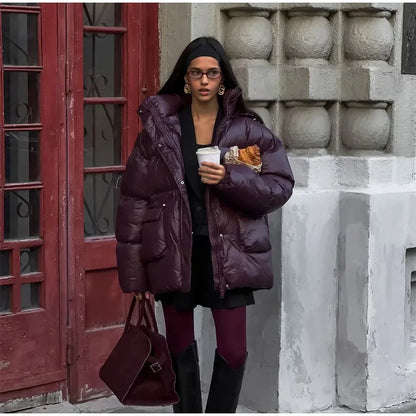 Burgundy Down Jacket with Stand Collar and Pockets Elegant and Warm