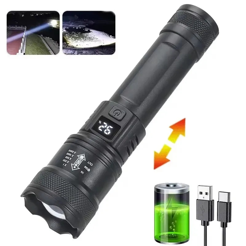 1600000 LM Super Ljus Ficklampa USB Uppladdningsbar LED Long Range Taktisk Ficklampa Utomhus Vattentät Camping Fiske Lykta