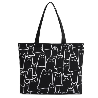 Canvas Handbag for Women – Fashion Cute Cat Tote Messenger Bags with Zipper, Designer Bag, Ladies Cartoon Shoulder Shopper Bags.