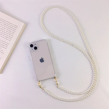 Lyxigt koreanskt Crossbody Pearl Chain telefonfodral med transparent skal och rem för iPhone