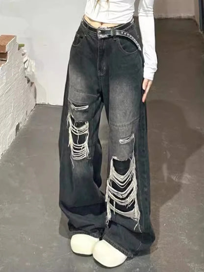 Black Baggy Ripped Jeans Gothic Y2K Aesthetic Vintage Style