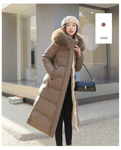 Extra Long Padded Parka with Faux Fur Collar Loose Fit