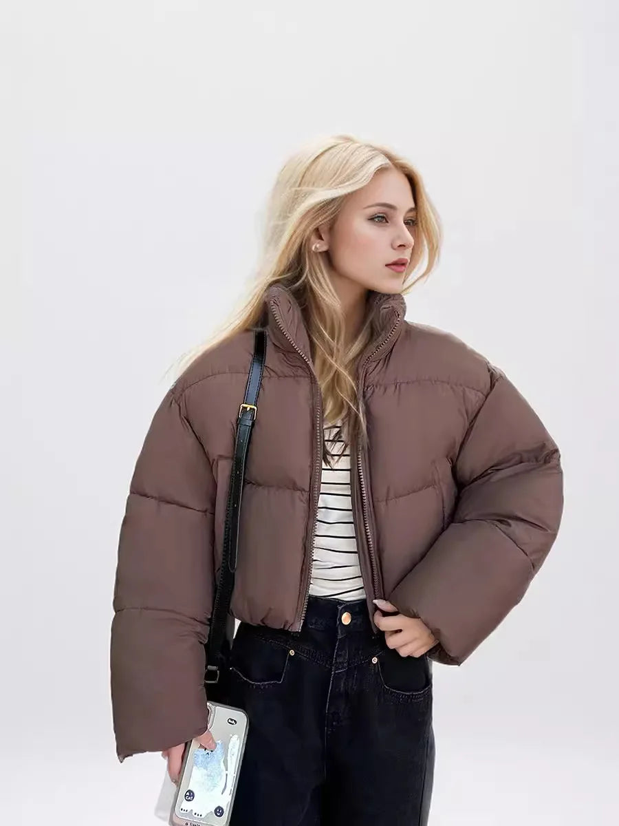 Women's Cropped Puffer Jacket with Stand Collar