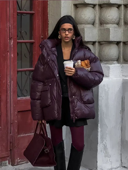 Burgundy Down Jacket with Stand Collar and Pockets Elegant and Warm