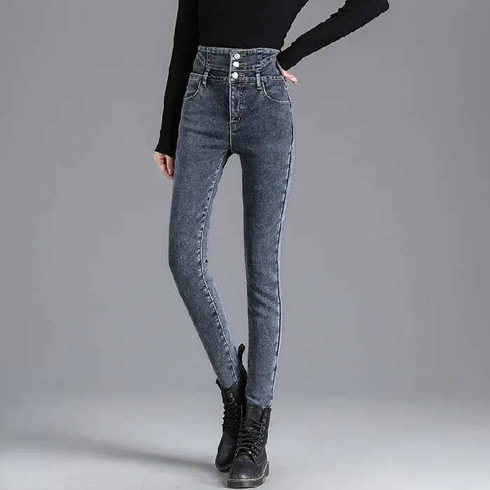 Women Plus Fleece Jeans High Waist Slim High Elastic Body Warmer Pants  Winter Warm Jeans Female