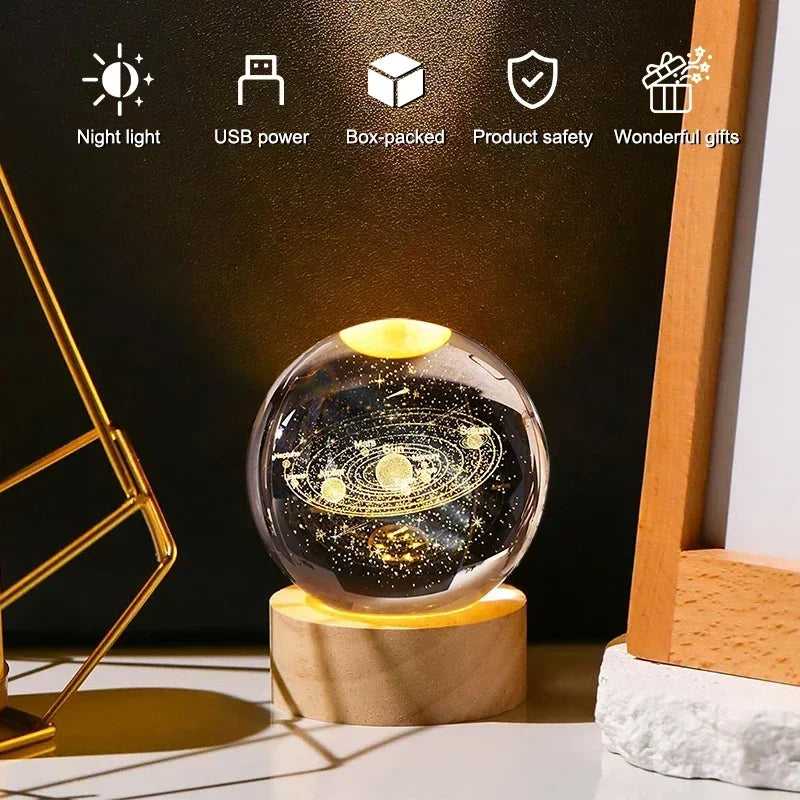 Lysande 3D-kristallkula LED-nattljus – Saturn Solar System &amp; Moon Design, USB-lampa i sovrummet, atmosfärsljus för barns födelsedagspresent