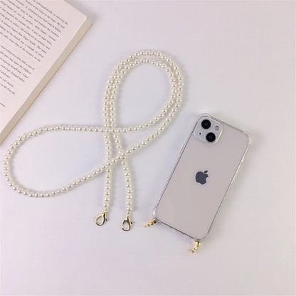 Lyxigt koreanskt Crossbody Pearl Chain telefonfodral med transparent skal och rem för iPhone