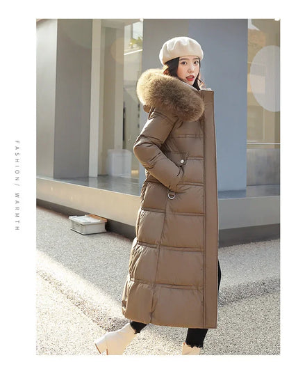 Extra Long Padded Parka with Faux Fur Collar Loose Fit