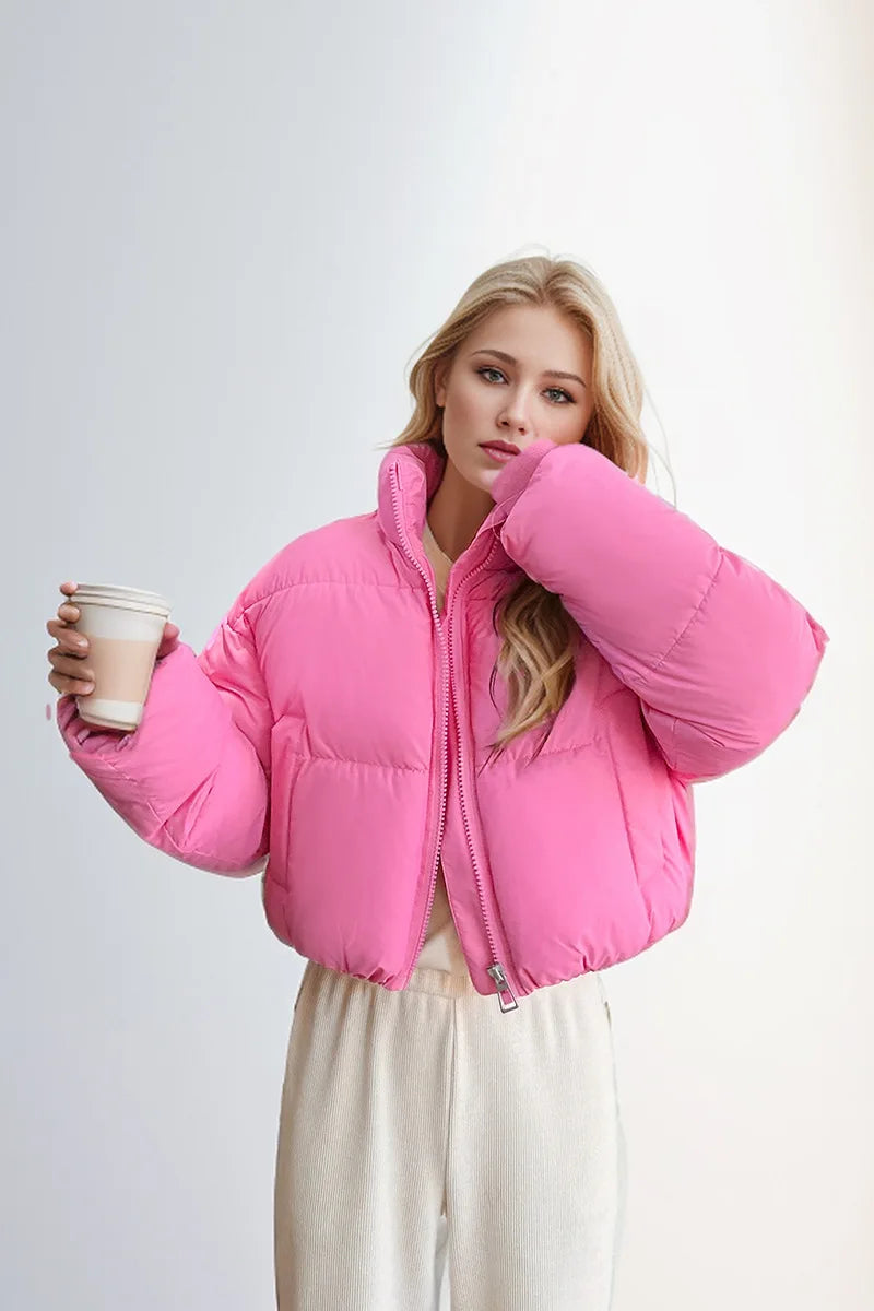 Women's Cropped Puffer Jacket with Stand Collar