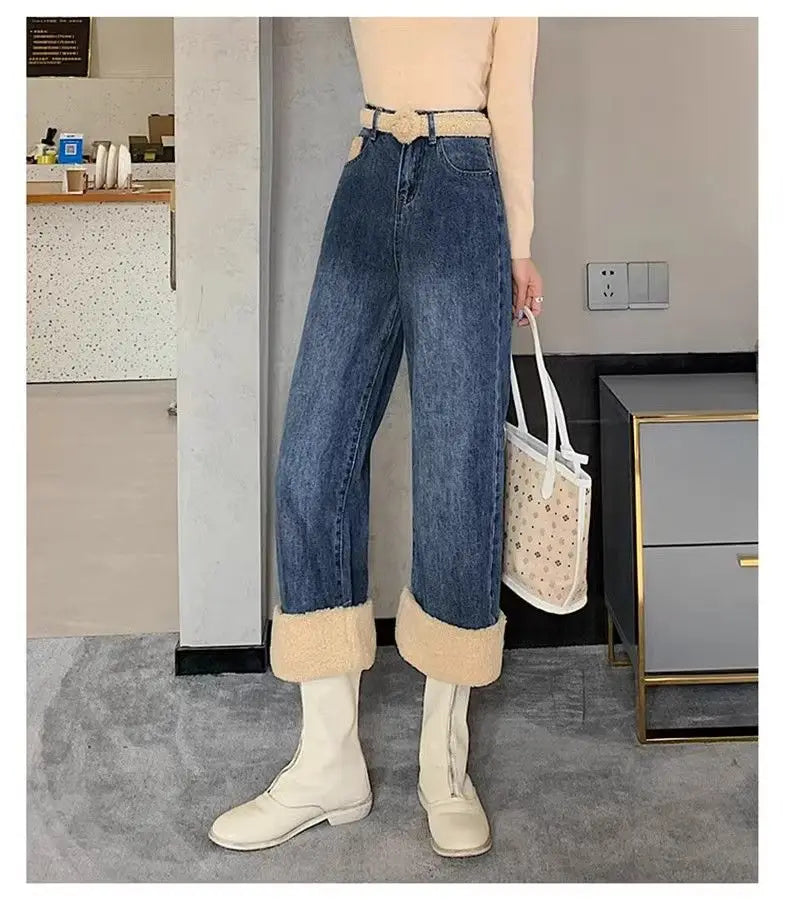 Lamb Wool Wide Leg Jeans for Women Fluffy Autumn and Winter New Styles Internet Famous Outfit Cropped Straight Leg Pants Trendy