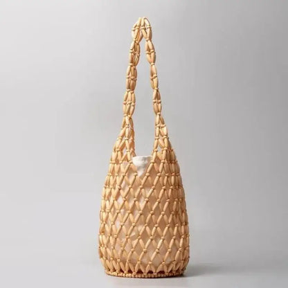 High Fashion Hollow-out Wooden Bead Woven Tote Bag / Female Shoulder Bag Reticulate Netted Canvas Handbag