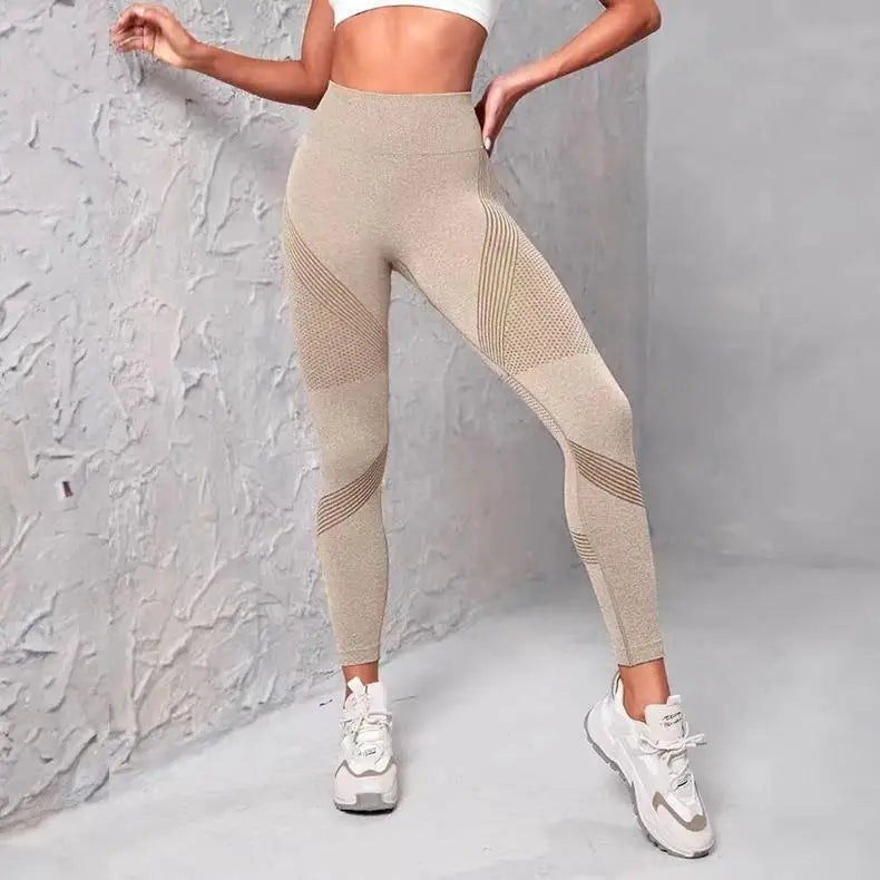 Women's High Waist Fitness Leggings with Striped Mesh