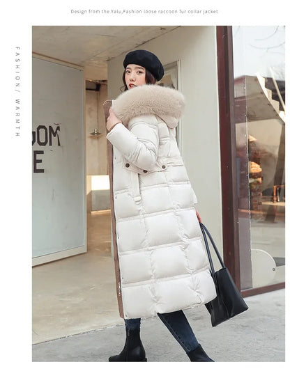 Extra Long Padded Parka with Faux Fur Collar Loose Fit