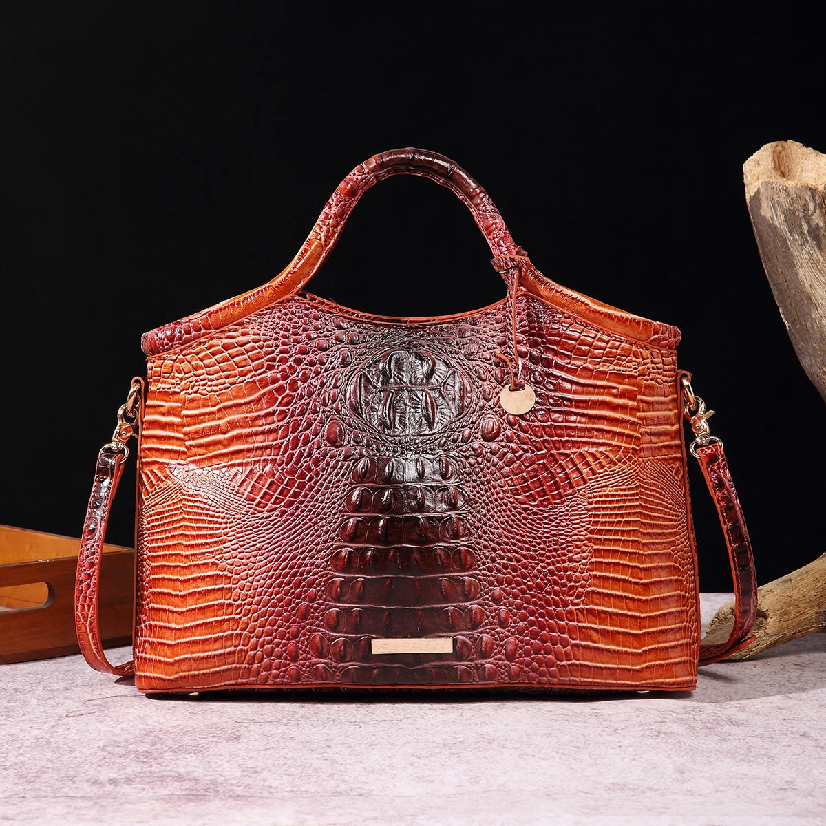 Genuine Leather Handbag – High-End Retro Women's Bag with Crocodile Pattern and Solid Color Design