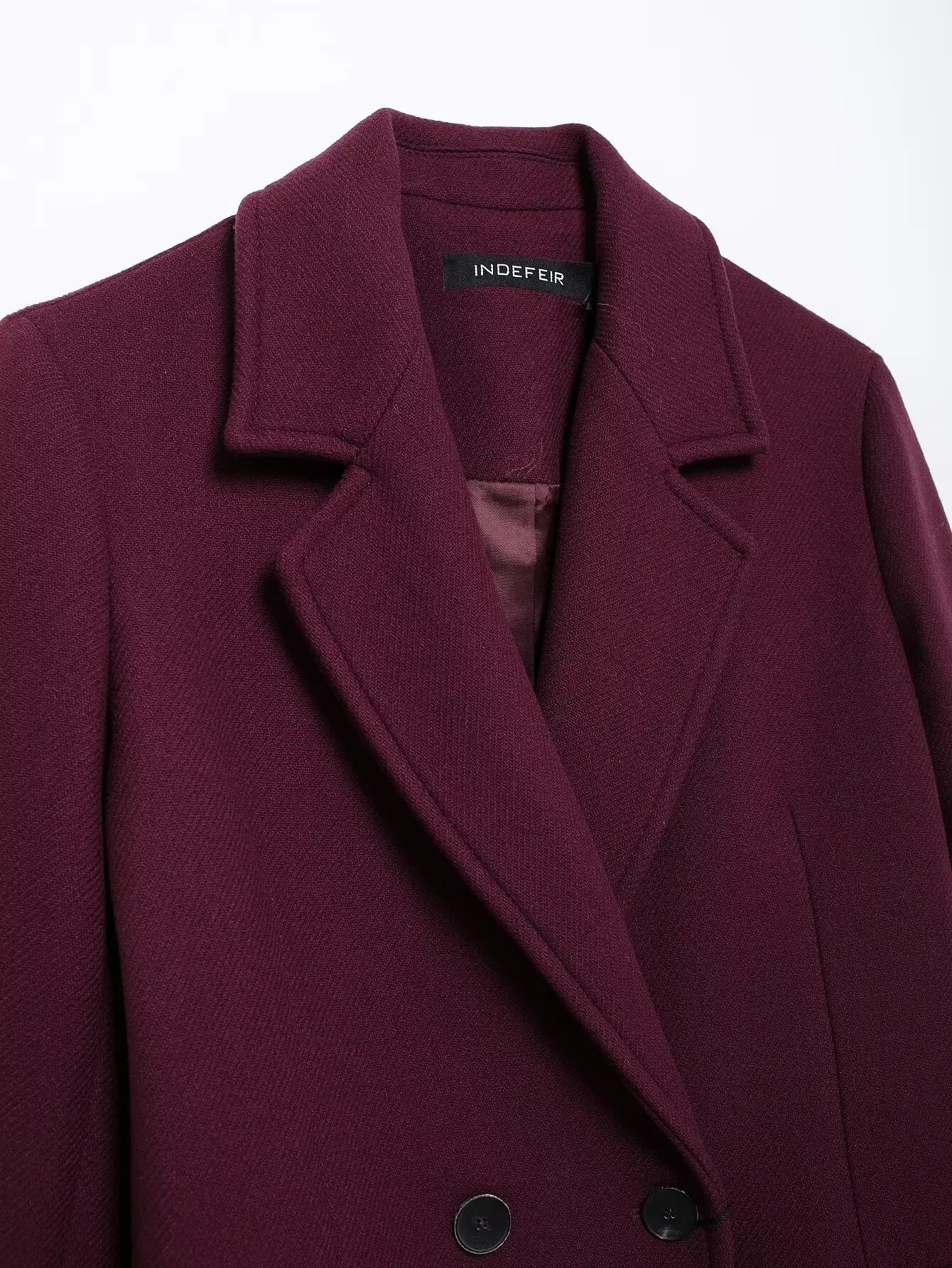 Elegant Burgundy Woolen Coat with Turn Down Collar and Double Breasted Design