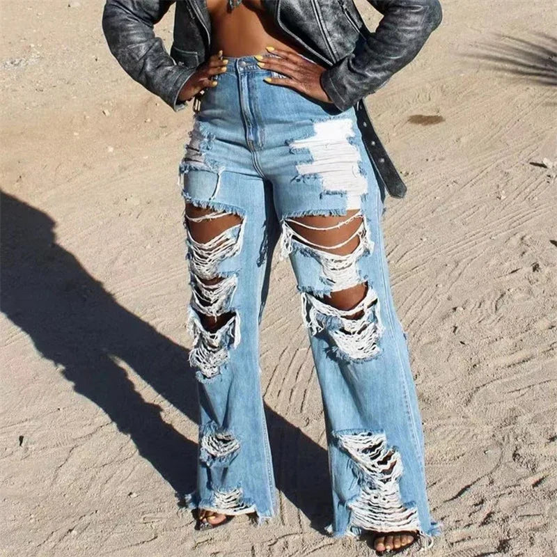 High Waist Straight Jeans with Large Front and Back Holes Trendy and Casual