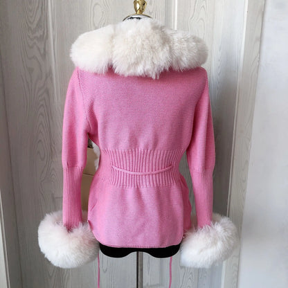 Women's Cropped Knit Cardigan with Faux Fur Collar