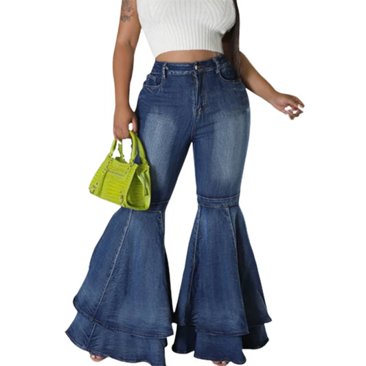 High Waist Flared Jeans with Spliced Layers Comfortable and Stylish