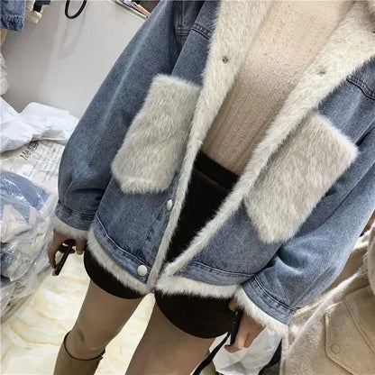 Women's Korean Style Fleece Lined Denim Jacket with Cotton Filling