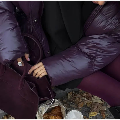 Burgundy Down Jacket with Stand Collar and Pockets Elegant and Warm