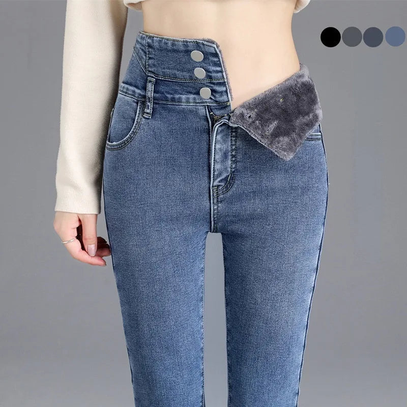 Women Plus Fleece Jeans High Waist Slim High Elastic Body Warmer Pants  Winter Warm Jeans Female