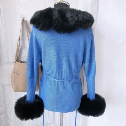 Women's Cropped Knit Cardigan with Faux Fur Collar