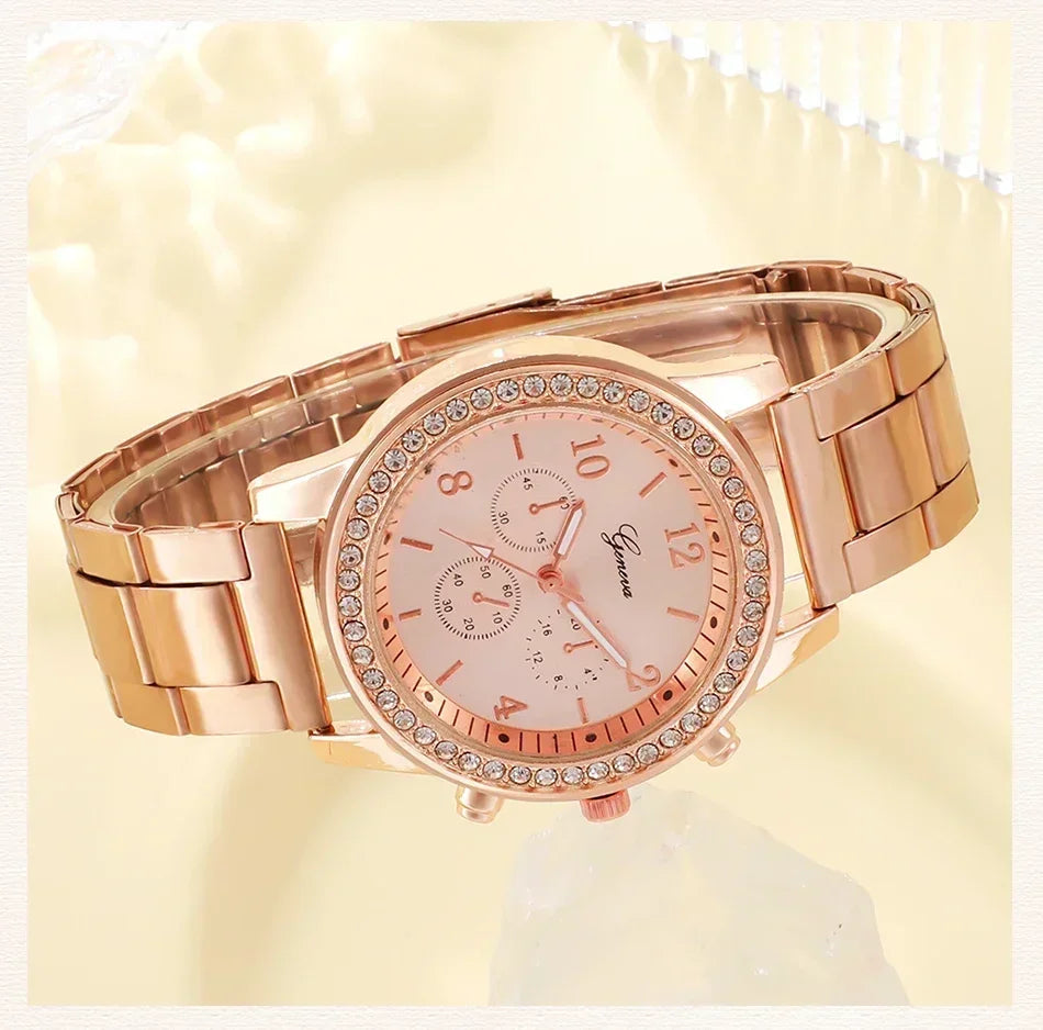 6st set Rose Gold Luxury Watch Dam Ring Halsband Örhänge Strass Mode Armbandsur Casual Dam Armband Klockor