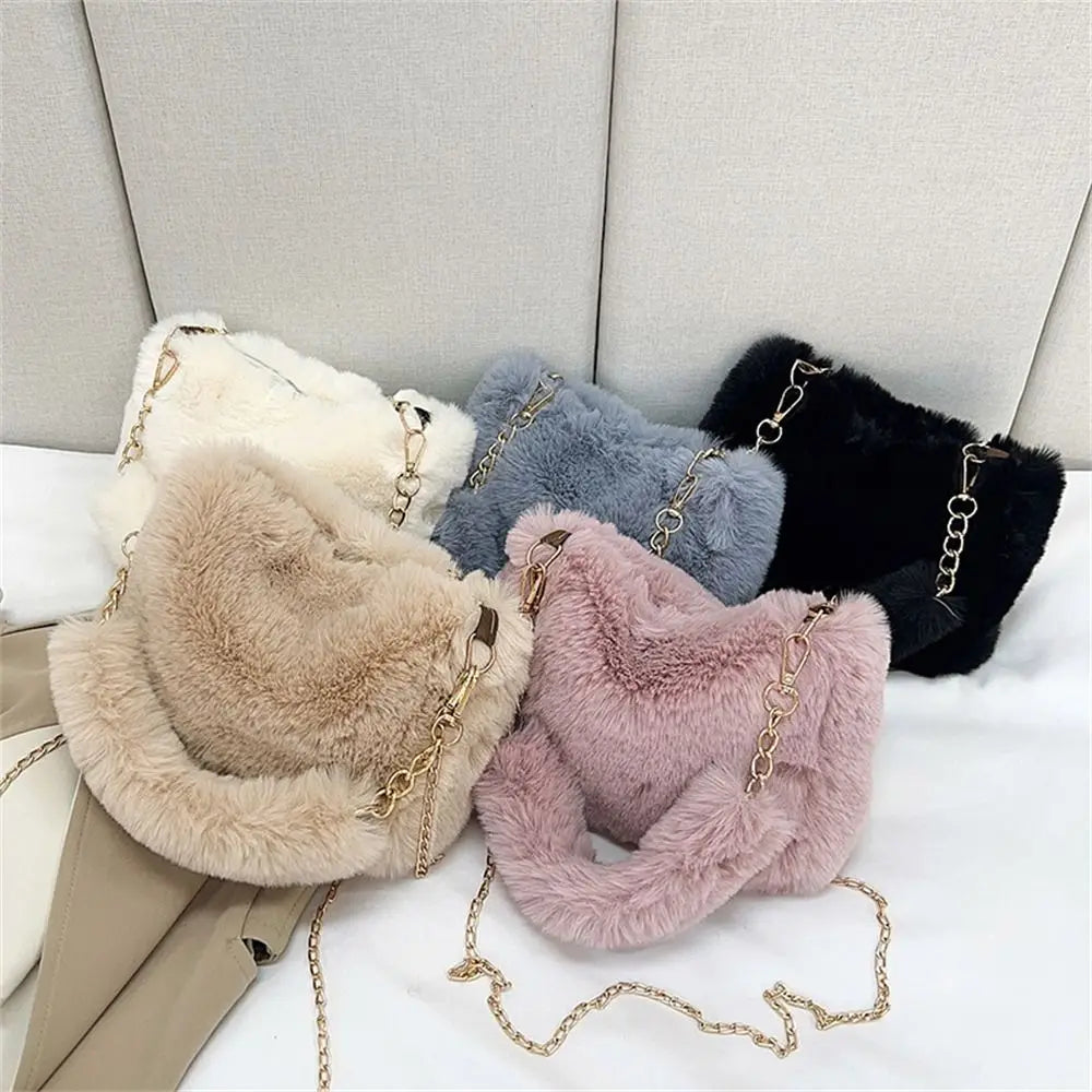 Fashion Women Fluffy Shoulder Bag – Winter Chain Underarm Bag with Soft Plush Handle