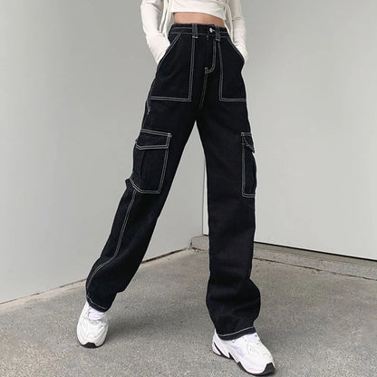 Baggy svarta jeans med vida ben med patchworkfickor och Streetwear-stil