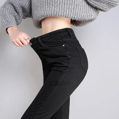 ZOENOVA  Women Thick Velvet Jeans Fleece  Warm Korean Fashion High Waist Skinny Elastic Pants Jean Casual Legging Winter 2023