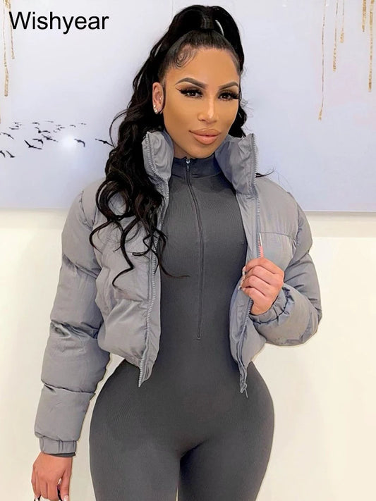 Women's Gray Short Puffer Jacket with Zipper