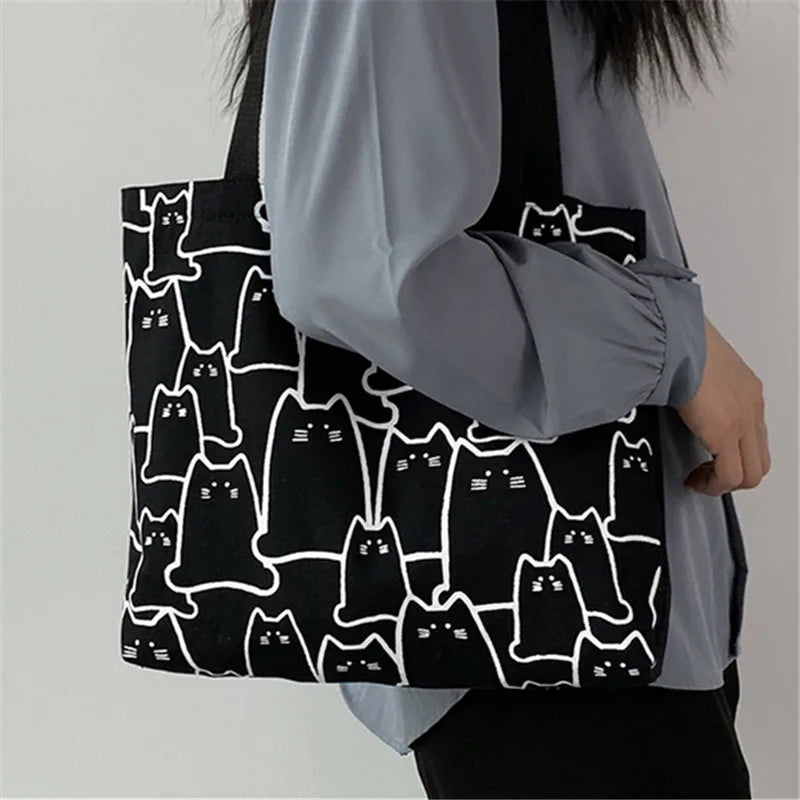 Canvas Handbag for Women – Fashion Cute Cat Tote Messenger Bags with Zipper, Designer Bag, Ladies Cartoon Shoulder Shopper Bags.