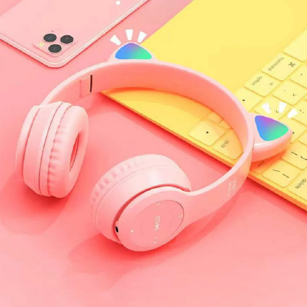 Cute Cat Ear Headphones with RGB LED Light Wireless Headset Kids Girls Stereo Phone Music Bluetooth Headset PC Gamer Gift