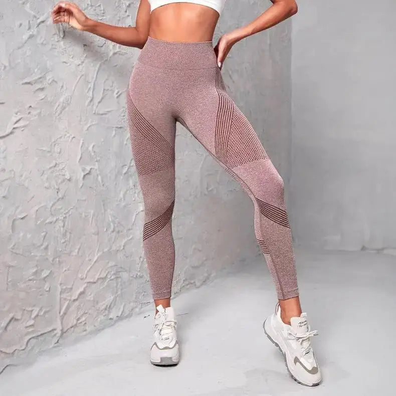 Women's High Waist Fitness Leggings with Striped Mesh