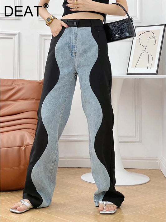 High Waist Black and Blue Wave Spliced Wide Leg Jeans Trendy Style