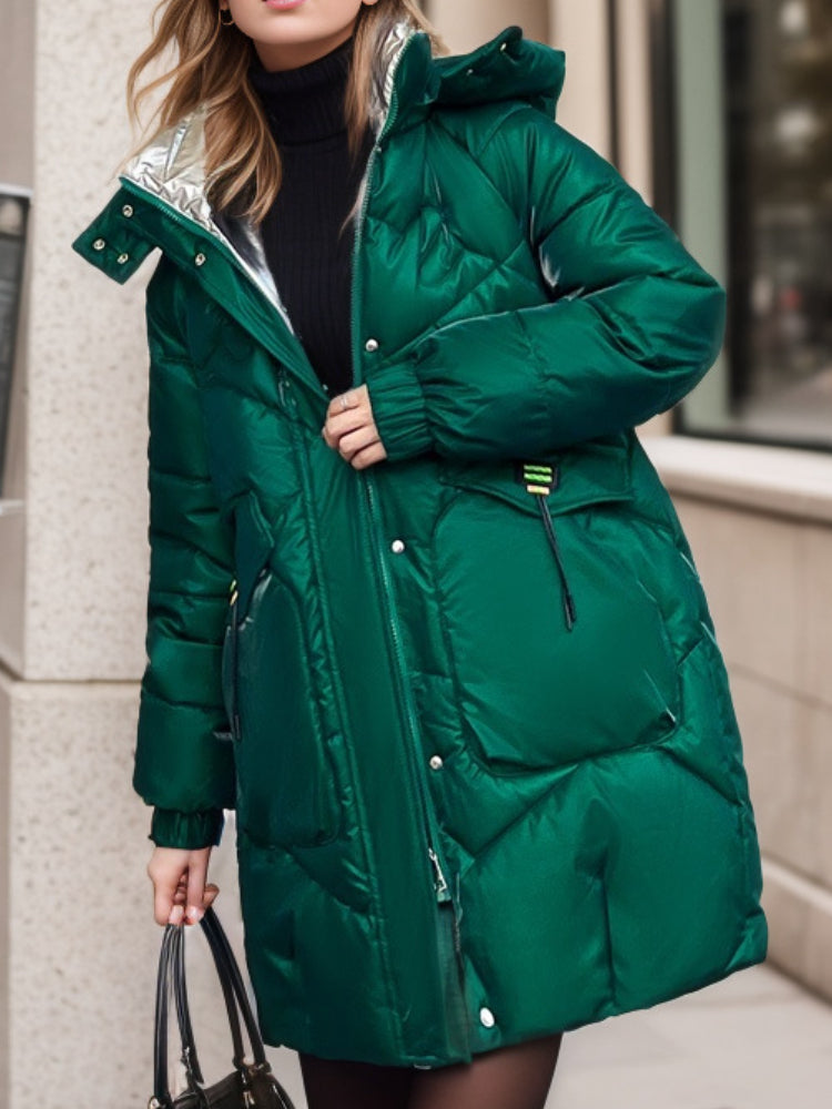 Glossy Hooded Mid Length Down Jacket Casual and Warm