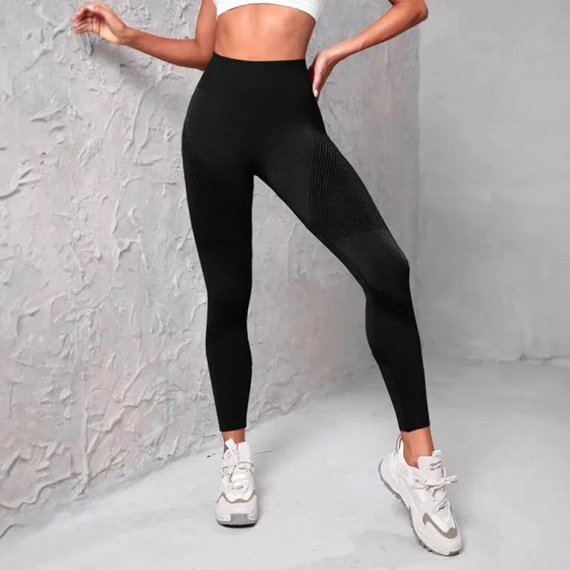 Women's High Waist Fitness Leggings with Striped Mesh