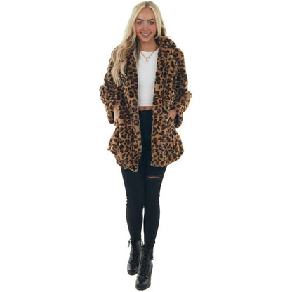 Leopard Print Faux Fur Coat with Pockets Loose and Stylish