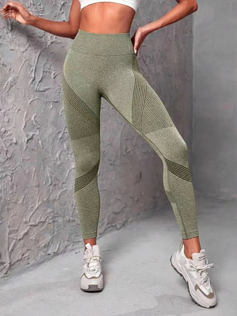 Women's High Waist Fitness Leggings with Striped Mesh