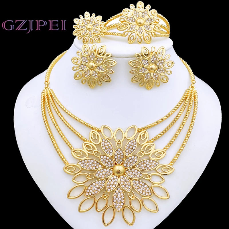 Luxury Jewelry Set For Women High Quality 18K Gold Plated Dubai Jewelry Necklace Earring Ring Bracelet Trending