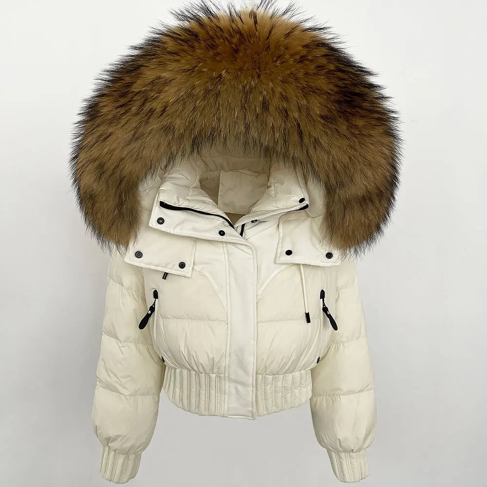 Short Hooded Down Coat with Real Raccoon Fox Fur Collar Warm and Casual