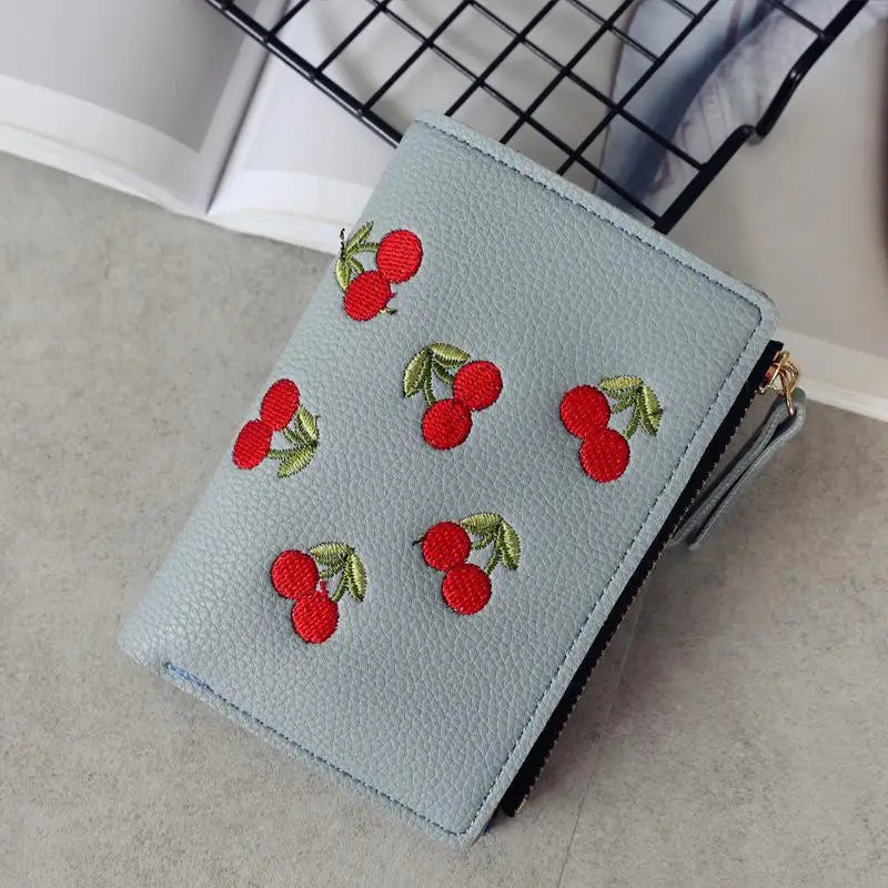 Women Vertical Buckle Cherry Embroidered Small Short Wallet – Simple Wallet, Girls Zipper Purse.